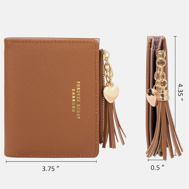 KOTORA Womens Small Wallet Girls Tiny Slim Wallets Pretty Mini Card Holder Thin Short Zip Coin Purse with Love Pendant and Tassels (Brown) - Image 2